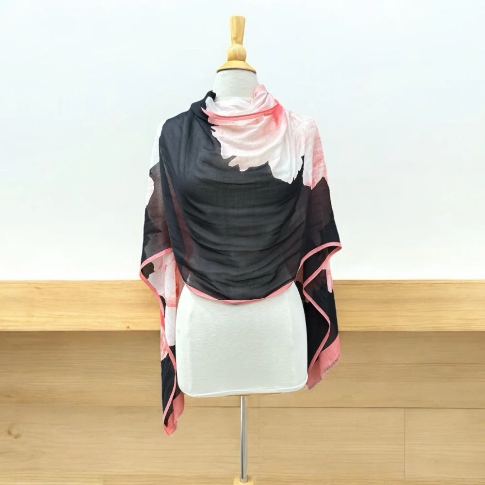 Pink & Black Floral Scarf Wrap Shawl Frayed Edge Lightweight 72 x 25